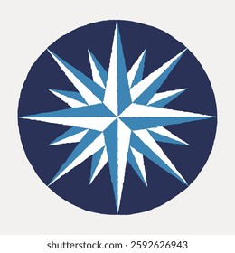 Illustration of a blue and white compass rose with sharp points, set against a dark blue circle. Nautical design with compass rose symbol, ideal for navigation themes. Star element vector.