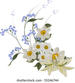 ilustración con curvatura de flores azules y blancas