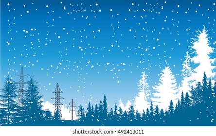 illustration with blue winter forest