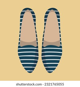 Ilustración de zapatos planos de mujeres azules con estampado de rayas blancas de moda. Zapatillas para actividades al aire libre. Modelo moderno y minimalista más amplio