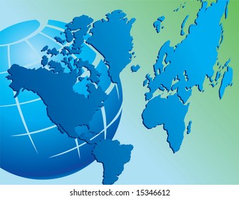 Illustration of blue world map with the globe in the background.
