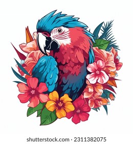 ilustración de aroma de loro azul y amarillo con hojas tropicales y flores de hibisco