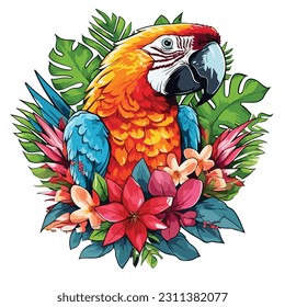 illustration of blue and yellow parrot ara macaw with tropical leaves and hibiscus flowers