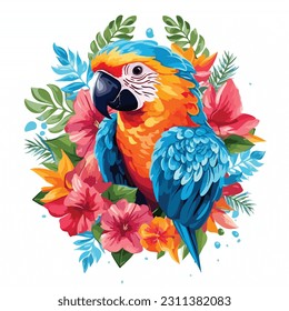 illustration of blue and yellow parrot ara macaw with tropical leaves and hibiscus flowers