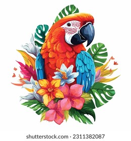 ilustración de aroma de loro azul y amarillo con hojas tropicales y flores de hibisco