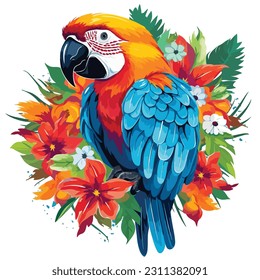 illustration of blue and yellow parrot ara macaw with tropical leaves and hibiscus flowers