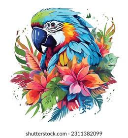 illustration of blue and yellow parrot ara macaw with tropical leaves and hibiscus flowers