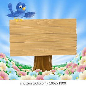 Illustration of a bluebird sitting on top of a woodland wood sign gesturing with its wing in a field of wild flowers