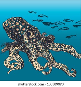 Illustration of a blue-ringed octopus (Hapalochlaena lunulata) with fish silhouette in background
