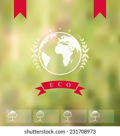 Illustration blurred background with eco badge, ecology label - vector