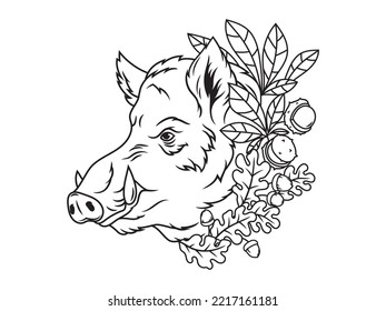 Illustration of a boar with an autumn wreath. Woodland animal. Fall branch. Cute forest animals in borders. 