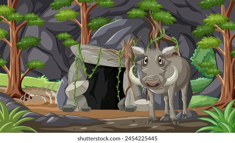 Illustration of a boar outside a dark cave.