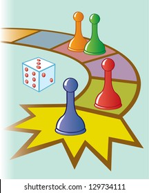 An illustration of a board game with dice and game pieces at the finish line.