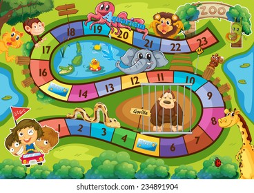 Illustration of a board game with zoo background