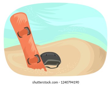 Illustration of a Board and Helmet on the Desert Sand for Sandboarding