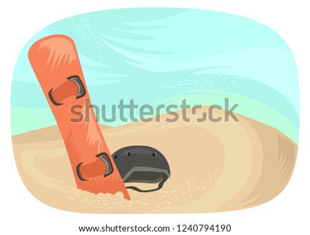 Illustration of a Board and Helmet on the Desert Sand for Sandboarding
