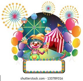 Illustration of a board with series lights in front of the female clown on a white background