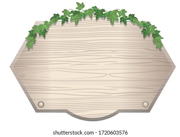 Illustration board of wood plank with ivy ornament and woodgrain. Title background, banner copy background material, information board, instruction arrow.