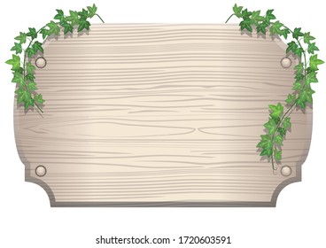 Illustration board of wood plank with ivy ornament and woodgrain. Title background, banner copy background material, information board, instruction arrow.