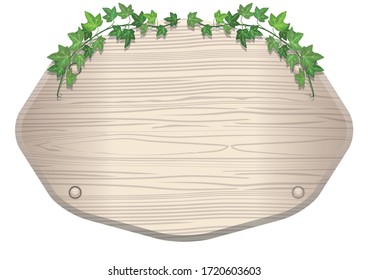 Illustration board of wood plank with ivy ornament and woodgrain. Title background, banner copy background material, information board, instruction arrow.