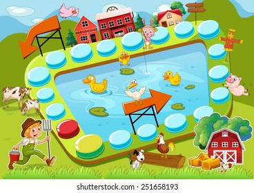 Illustration of a boardgame with countryside background