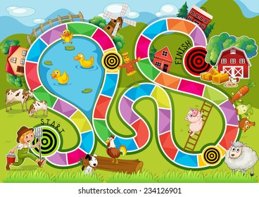 Illustration of a boardgame with farm background