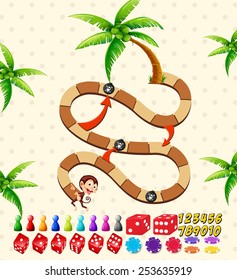 Ilustración de un juego de mesa con monos y cocoteros