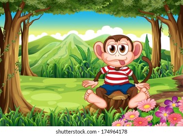 Illustration of a boastful monkey sitting above the stump