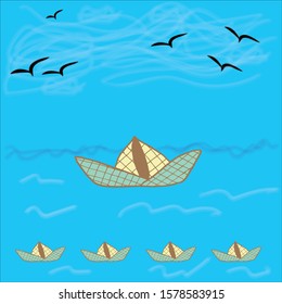 illustration of boat and birds in blue ocean