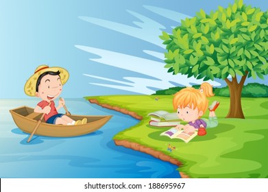Illustration of a boat with a boy and a girl studying at the riverbank