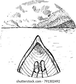 Illustration of a boat with the feet of a traveler. Mountains and clouds on the horizon.