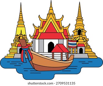 Ilustración de un barco flotando frente al templo tailandés