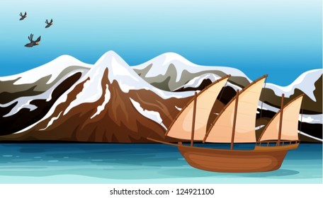 Illustration of a boat floating near the mountain area with sea birds flying