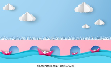 Illustration of boat floating on the sea wave and tunnel bridge background on paper art style. paper cut and craft style. Vector, illustration.