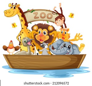 Illustration of a boat full of animals on a white background
