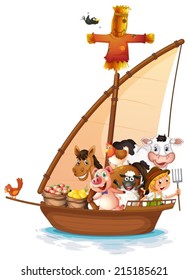 Illustration of a boat full of animals on a white background