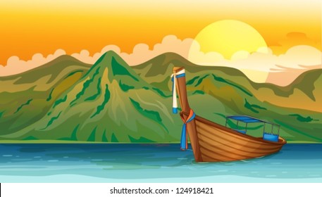 Illustration of a boat lost in the sea near the mountain area