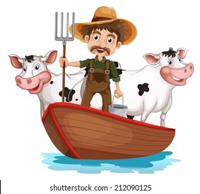 Illustration of a boat with a man and two cows on a white background