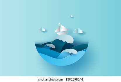 illustration of Boat on sea view. Creative design Paper art and craft style. Summer season background for card and poster. Circle. Vector. illustration. EPS10