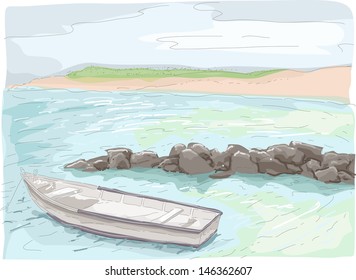 Ilustración del boat en el bosquejo de la costa