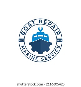 Illustration Boat Repair Gear and Wrench Emblem logo design vector