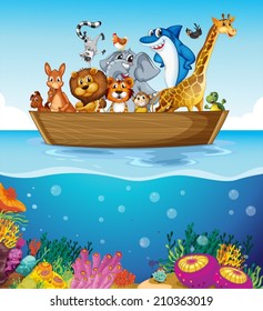 Illustration of a boat at the sea with animals