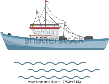 Illustration of a boat in side view. Ship illustration, fishing boat vector illustration.