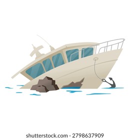 An illustration of a boat that crashed on rocks in the ocean during a storm off the coast. Concept of a maritime disaster, shipwreck, or water accident.