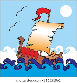 Illustration of boat with unrolled scroll as a sail. Vector card. 