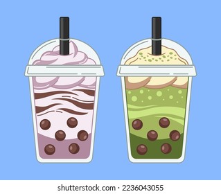 Illustration of Boba drink vector with flat style. Grape and Matcha boba drink flavor