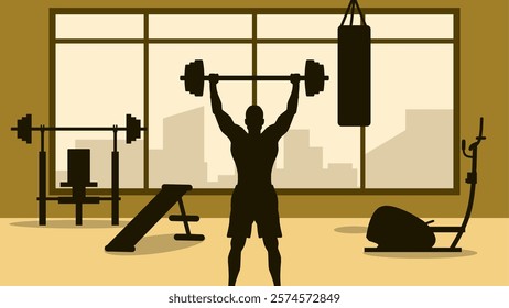 Illustration of body builder doing weightlifting dumbbell in the gym. Vector illustration of a person exercise in the fitness room. Gymnasium with many fitness equipment for training muscle