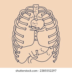 Illustration of body embracing organs. Friendly ribs next to loving organs. Vector illustration. Tattoo. Medicine. Skin background.