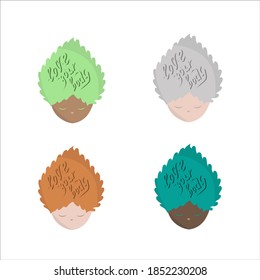 Illustration of body positive  in four colors.  Doodling text love your body. Images of female faces. Colored hair. Racial diversity
