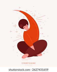 Illustration of body positive woman doing stretching. Stylized flat graphic style for your design. Color print on light background